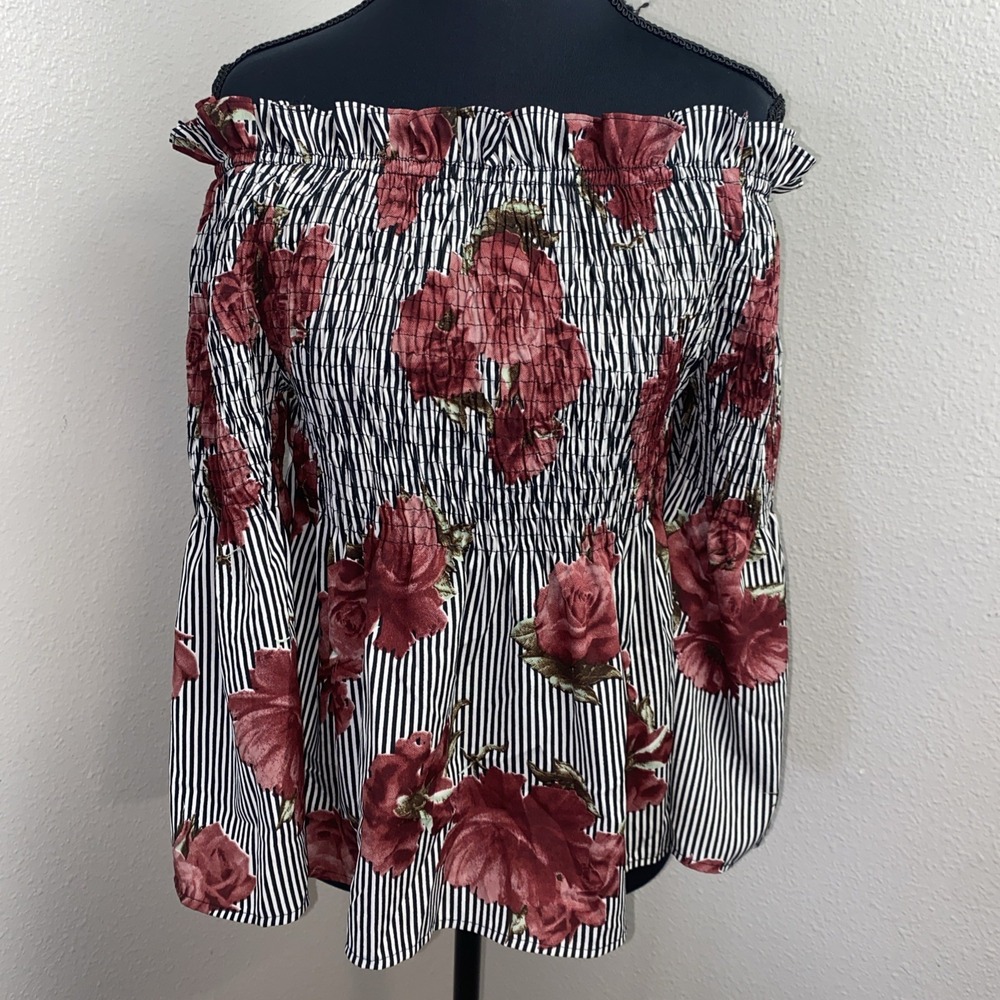 Speed Limit Off-The-Shoulder Top Women's Small Black Stripped Floral Romantic